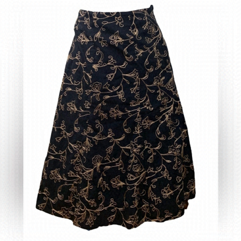 JONES New York Black Gold Embroidered A Line Cotton Skirt Sz 10